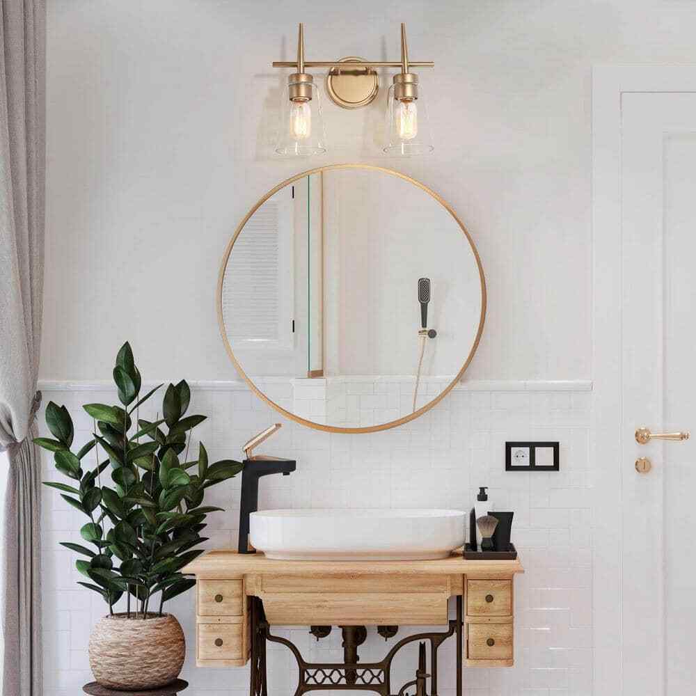 Uolfin Gold Bell 2-Light Modern Powder Room Vanity Light with Clear Glass Shades