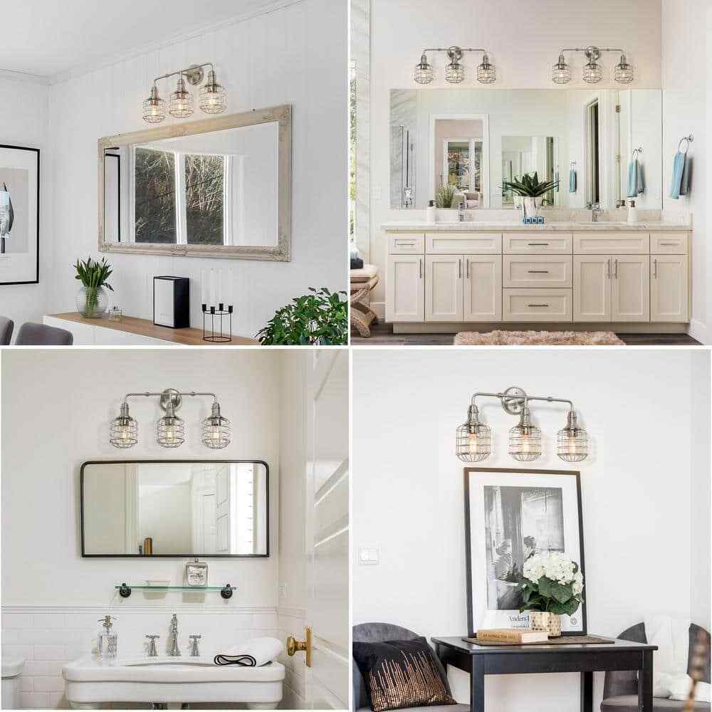 LNC 3-Light Nickel Modern Industrial Cage Silver Linear Wall Sconce Vanity Light