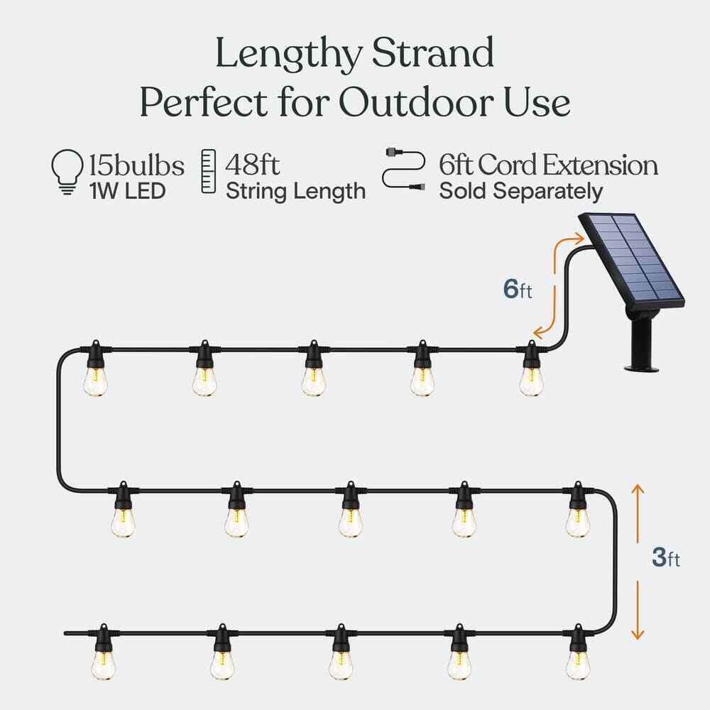 Brightech 15-Light 48 ft. Solar Edison Bulb Ambience Pro LED String Light 3000k