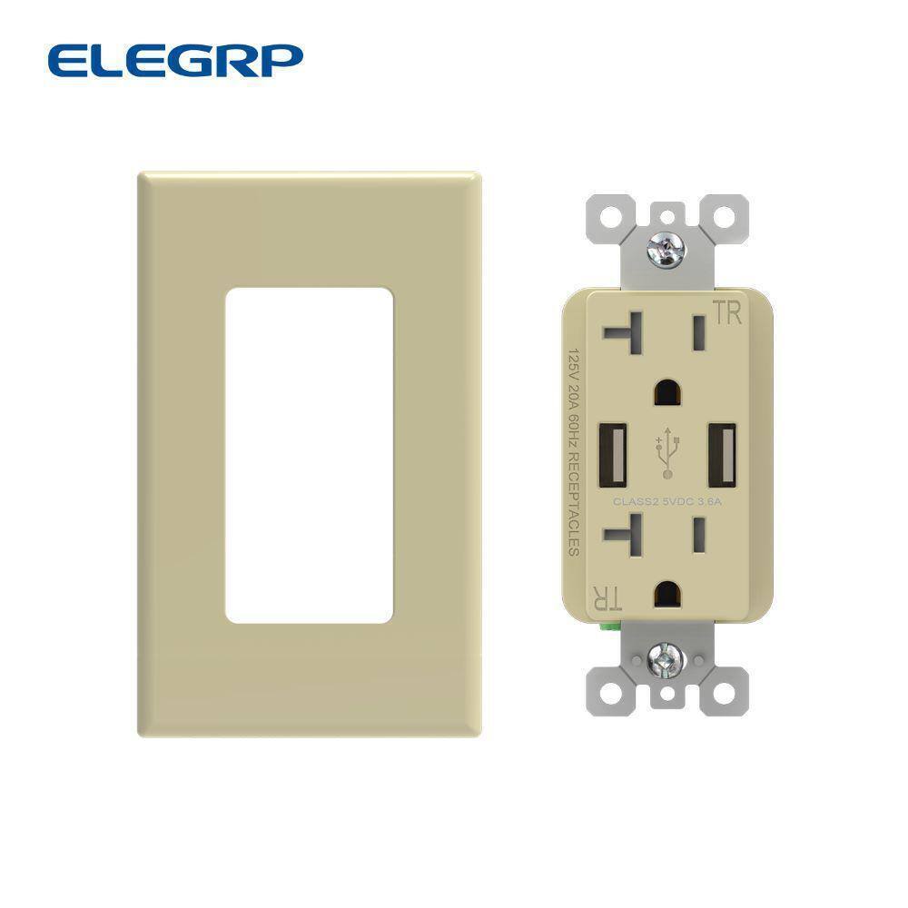 ELEGRP 3.6 Amp USB Dual Type A In-Wall Charger w/ 20 Amp Duplex Ivory 2-Pack