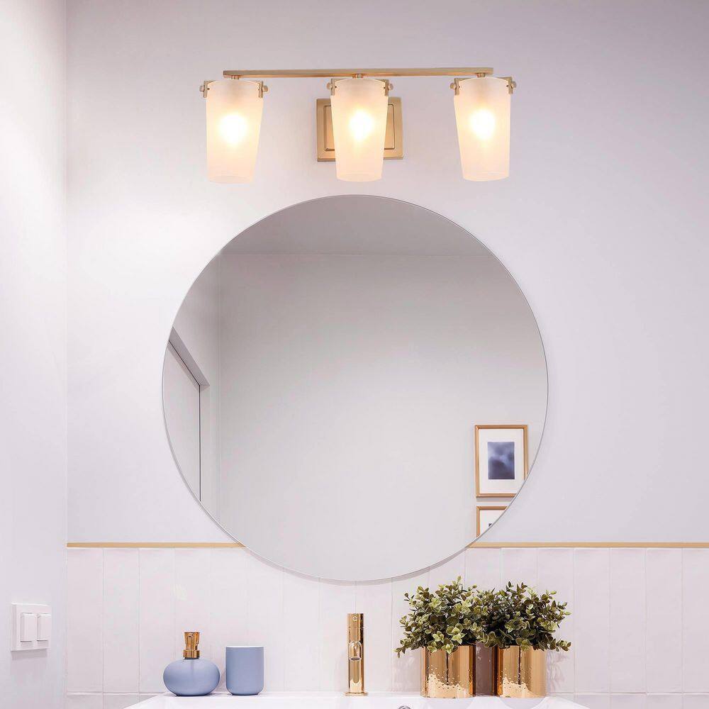 Uolfin 3-Light Farmhouse Gold Bathroom Vanity Light with Frosted Glass Shades
