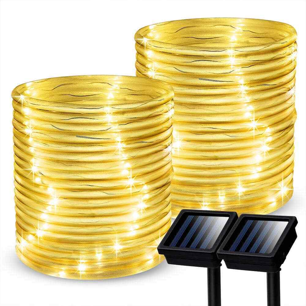 GIGALUMI 35.7 ft. Solar Powered Warm White LED Rope Light with 8 Modes 2-Pack