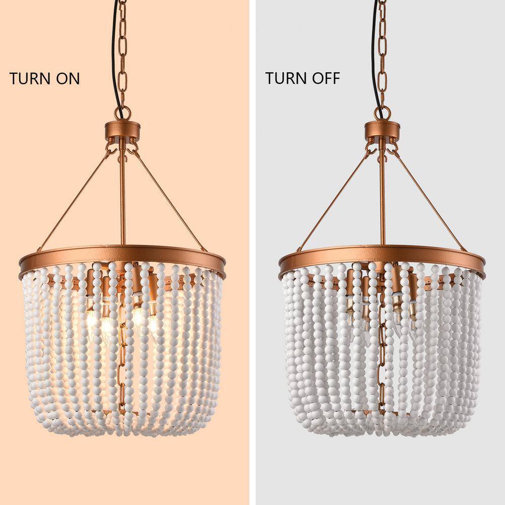OUKANING 4-Light Gold Retro Farmhouse Beaded Pendant Light with Wood Bead Shade