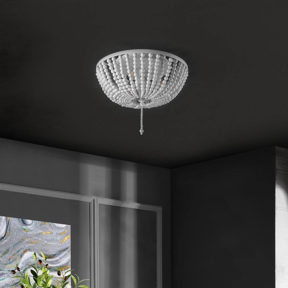 JONATHAN Y Allison 15 in. White Wood Beaded/Metal LED Flush Mount JYL9019D