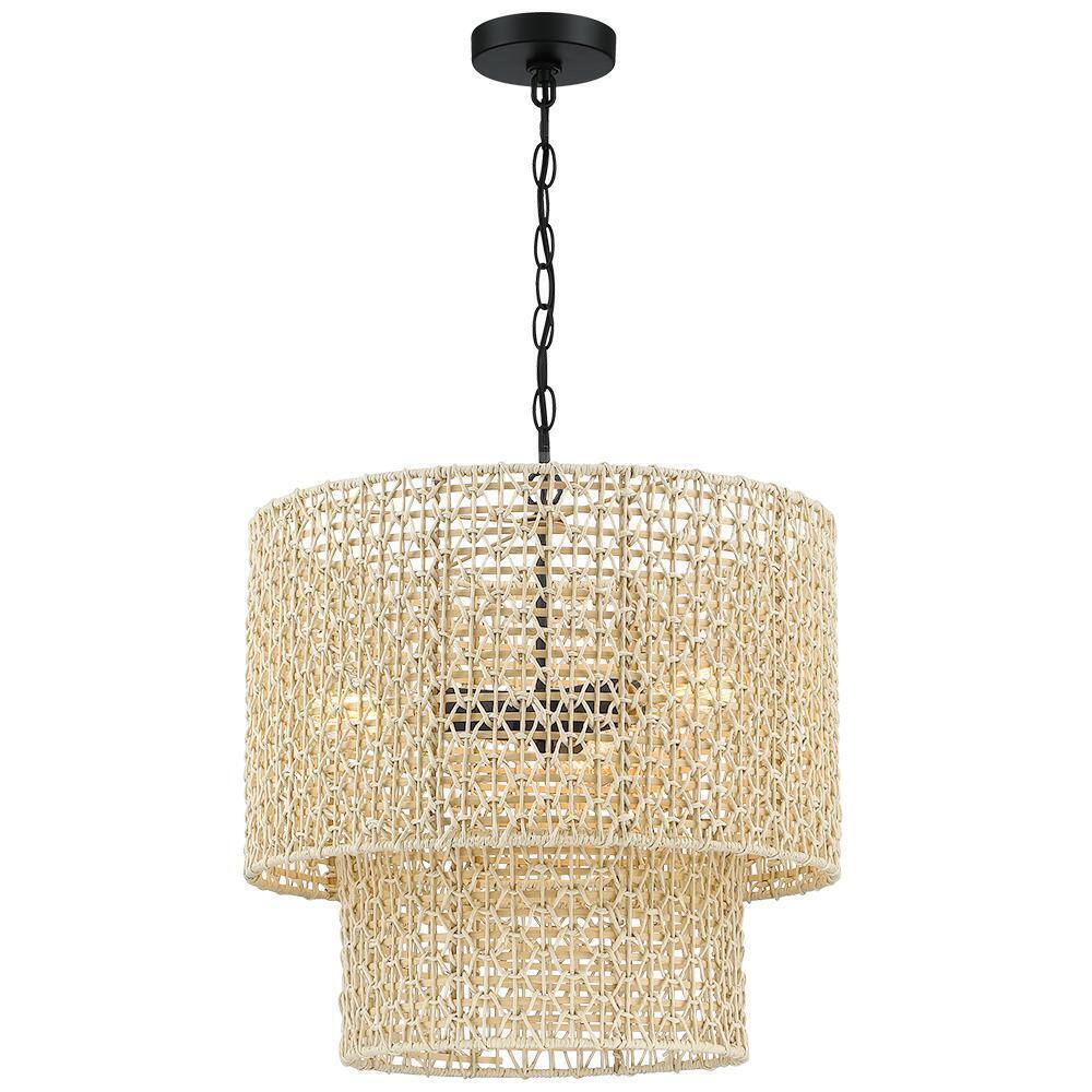 TRUE FINE Bohe 19 in. 4-Light Bohemian Pendant with Natural Rattan Shade