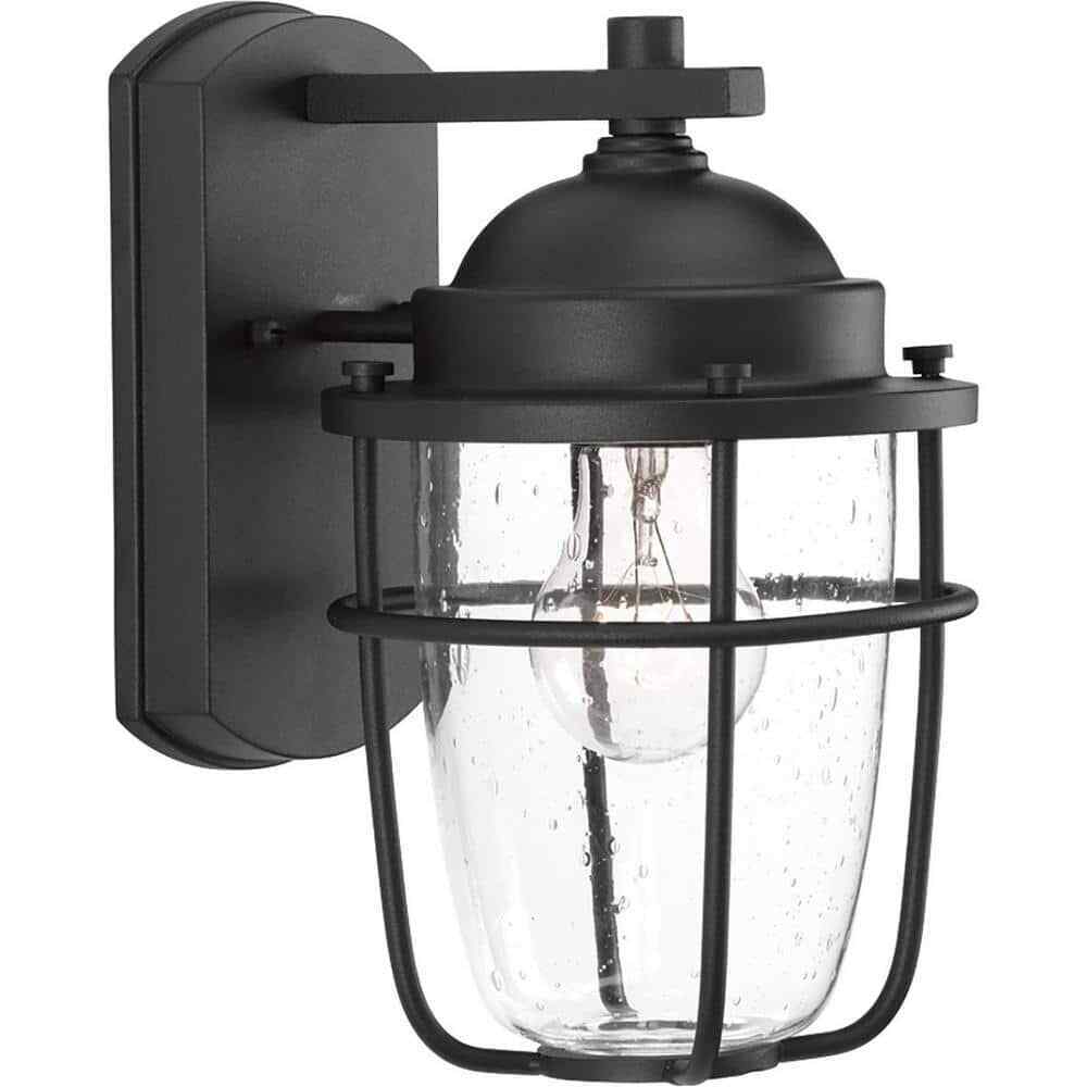 Progress Lighting Holcombe Textured Black Clear Seeded Glass Wall Lantern Light