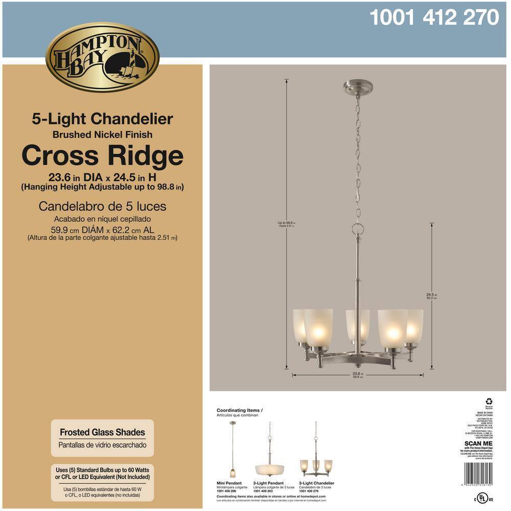 Hampton Bay 5-Light Brushed Nickel Chandelier with Frosted Glass Shades