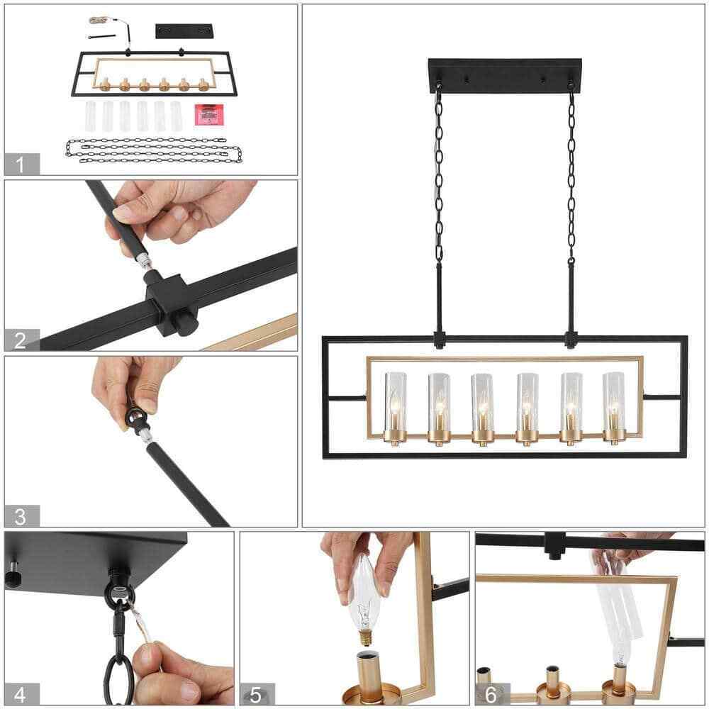 Uolfin Modern Black and Brass Large Linear 37.4" 6-Light Island Chandelier Light
