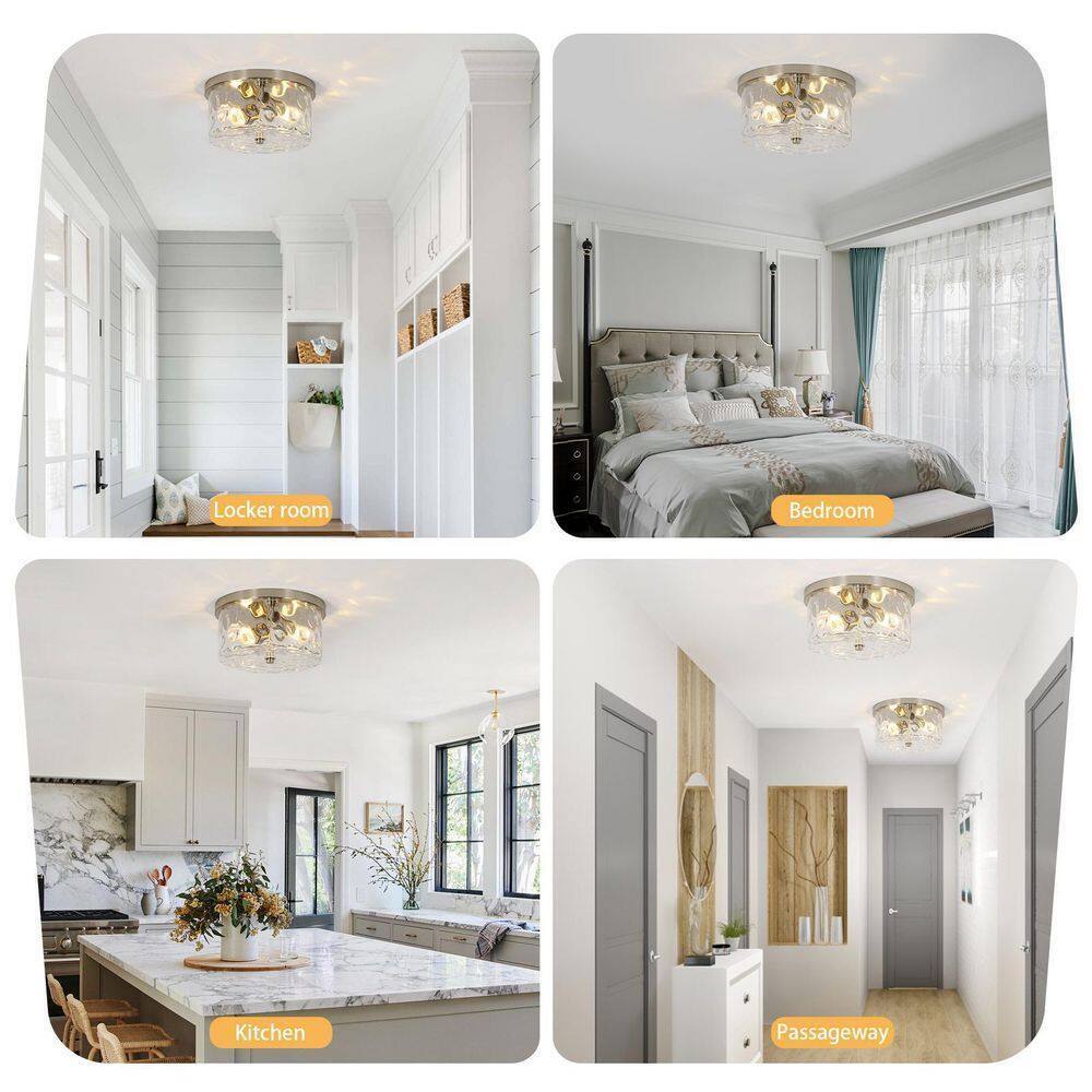 LamQee 12 in. 2-Light Brushed Nickel Ceiling Light w/ Water Rippled Glass Shade
