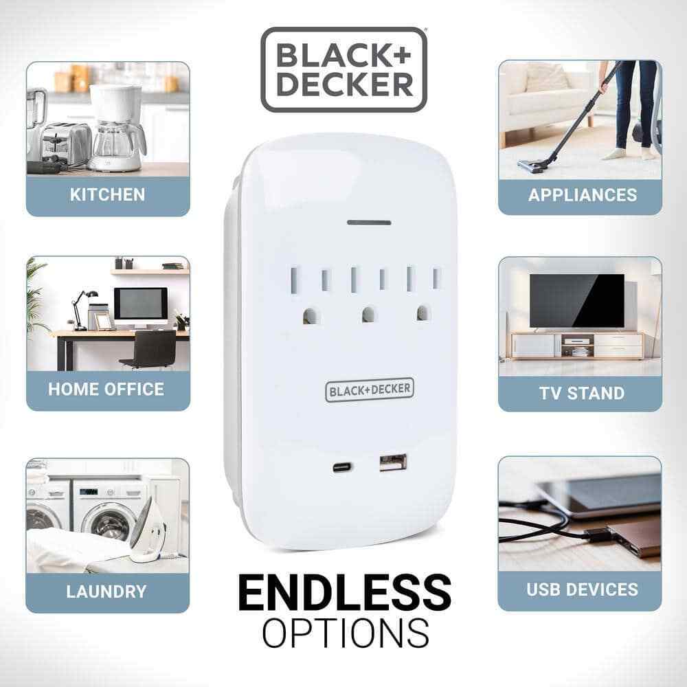 BLACK+DECKER 3 Grounded Outlets Surge Protector Wall Mount USB C Charging Port