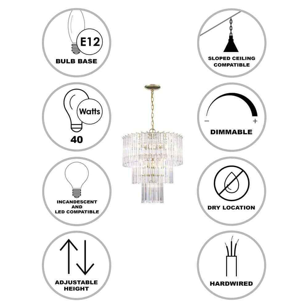 Tranquility 9-Light Polished Brass Tiered Chandelier w/ Beveled Acrylic Shade