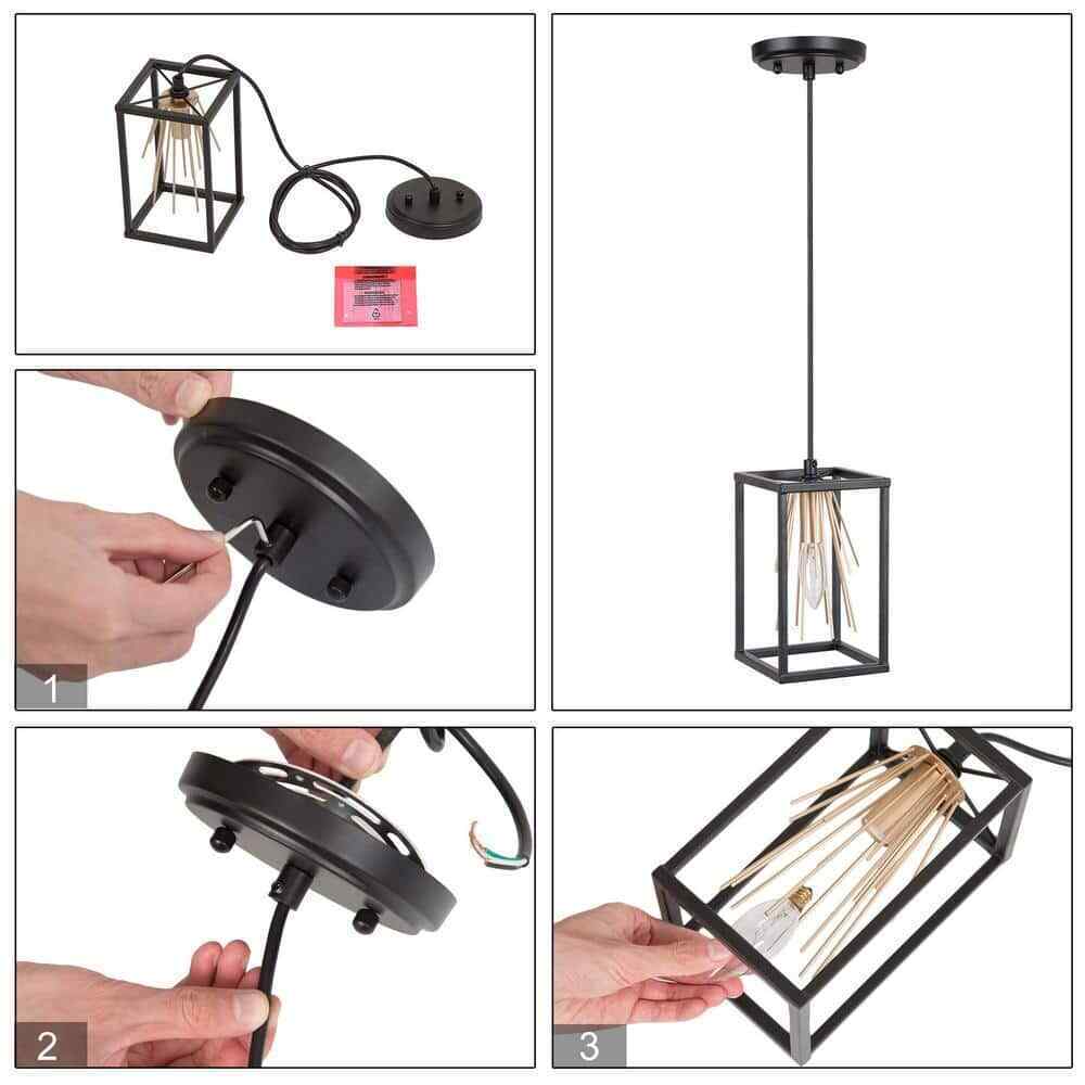 Uolfin Modern Cage Dining Room Pendant Light 1-Light Black and Brass Lantern