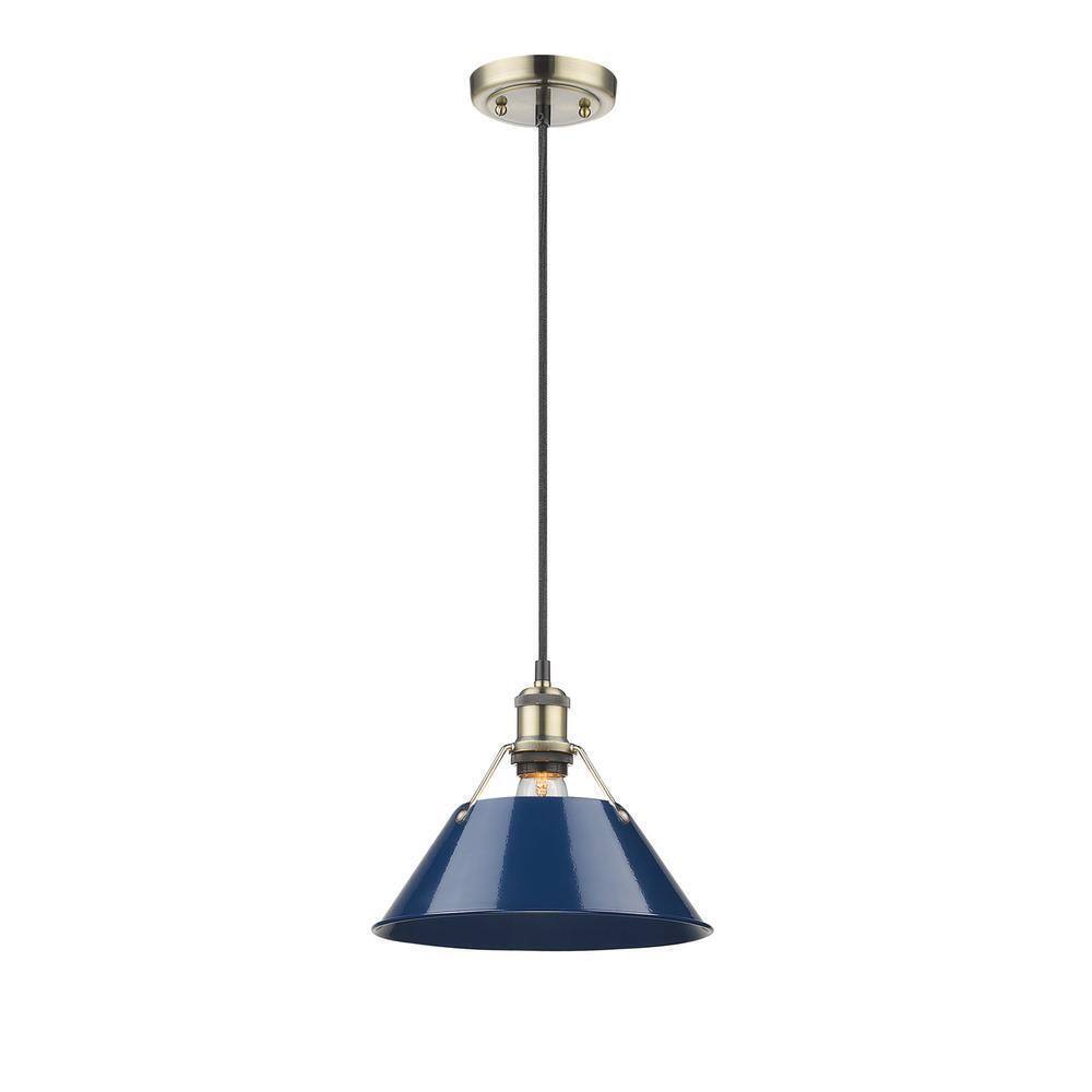Golden Lighting Orwell AB 1-Light Aged Brass Pendant with Navy Blue Shade
