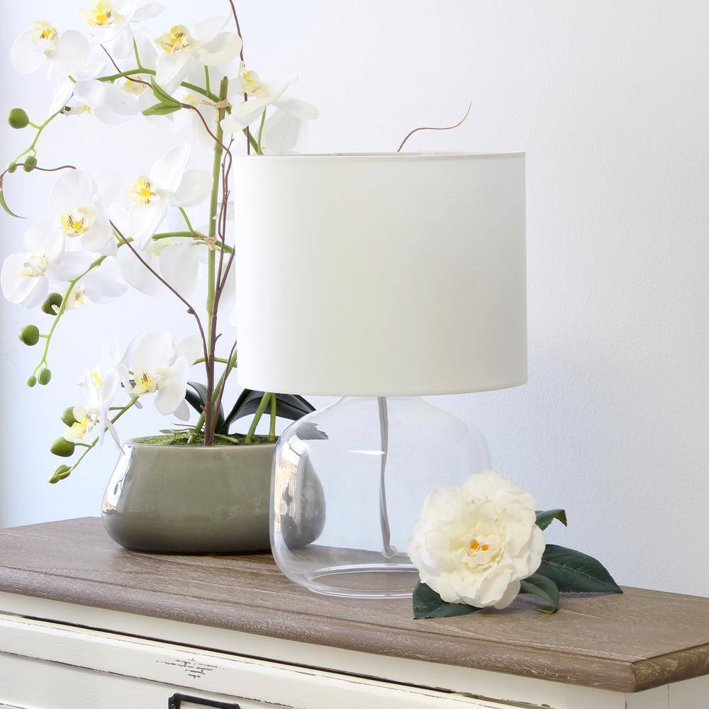 Simple Designs 13.75 in. Clear Glass Table Lamp with White Fabric Shade