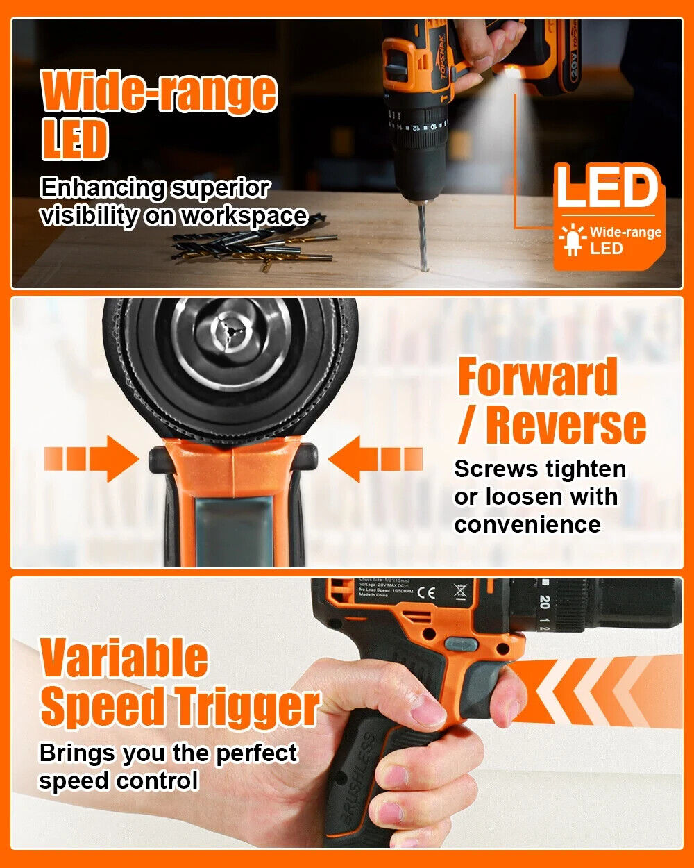 TOPSHAK TS-ED5 20V Li-Ion 1/2 in. Brushless Impact Electric Drill Variable Speed