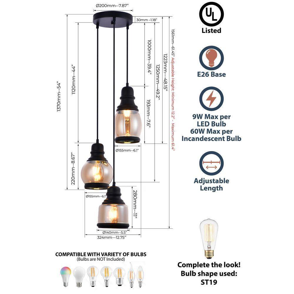 LAZZUR Vaige 13 in. 3-Light Matte Black Pendant with Amber Glass Shade