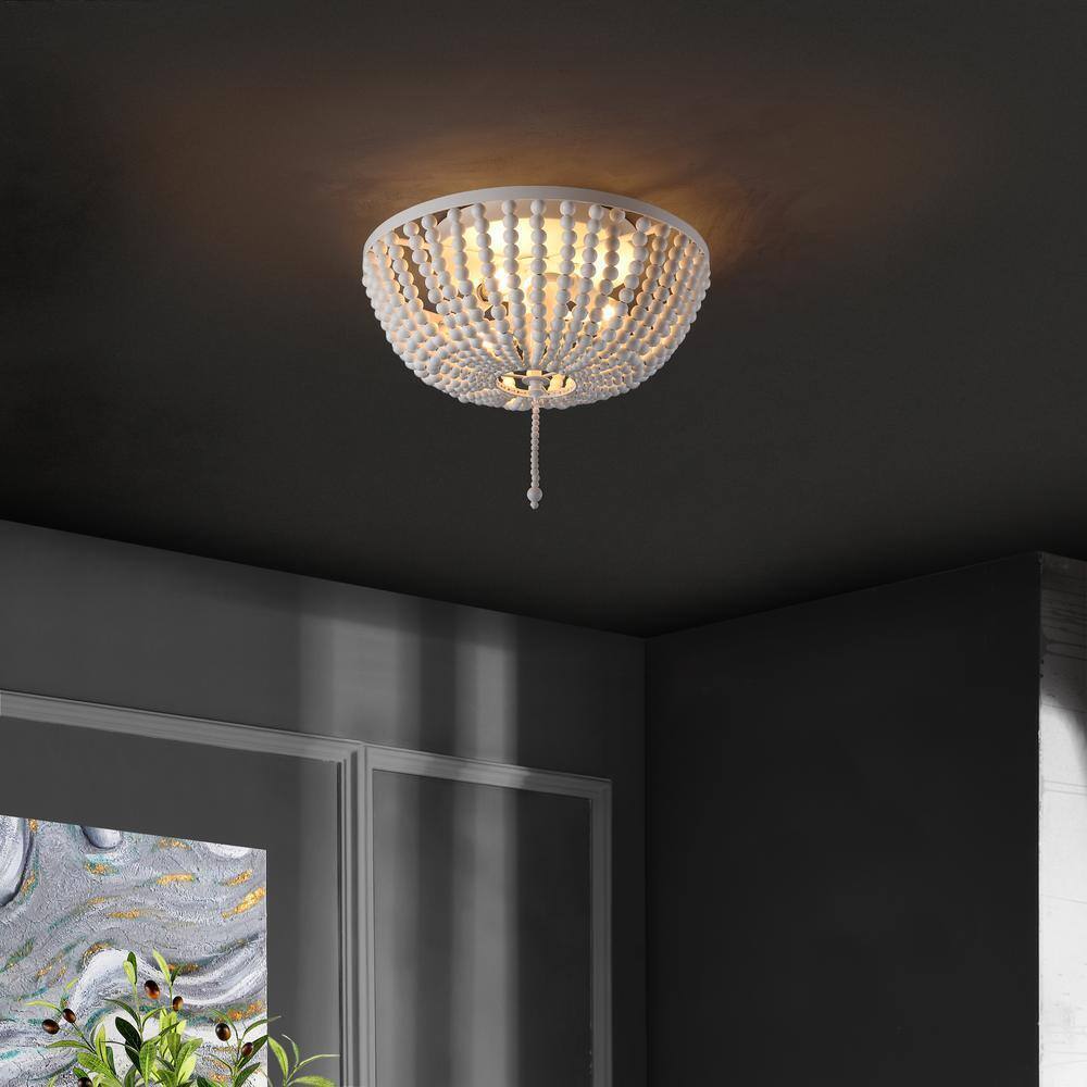 JONATHAN Y Allison 15 in. White Wood Beaded/Metal LED Flush Mount JYL9019D