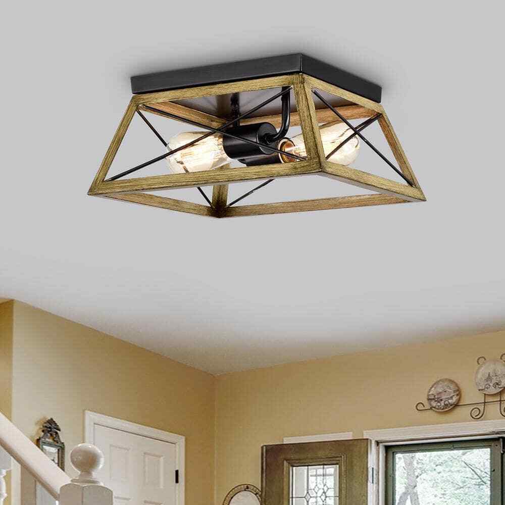 Jushua 2-Light Wood Texture and Matte Black Indoor Ceiling Fixture
