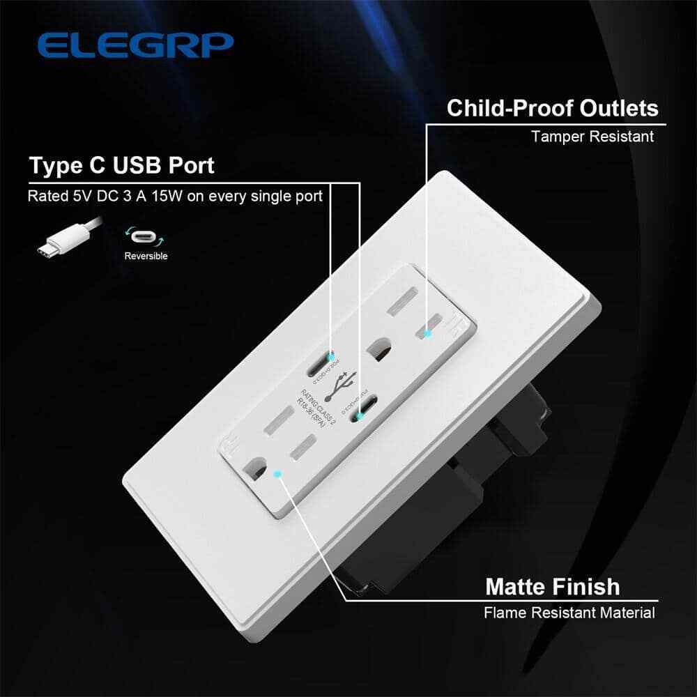 ELEGRP 15 Amp 30-Watt Dual Type C USB Wall Charger w/ Duplex Outlet