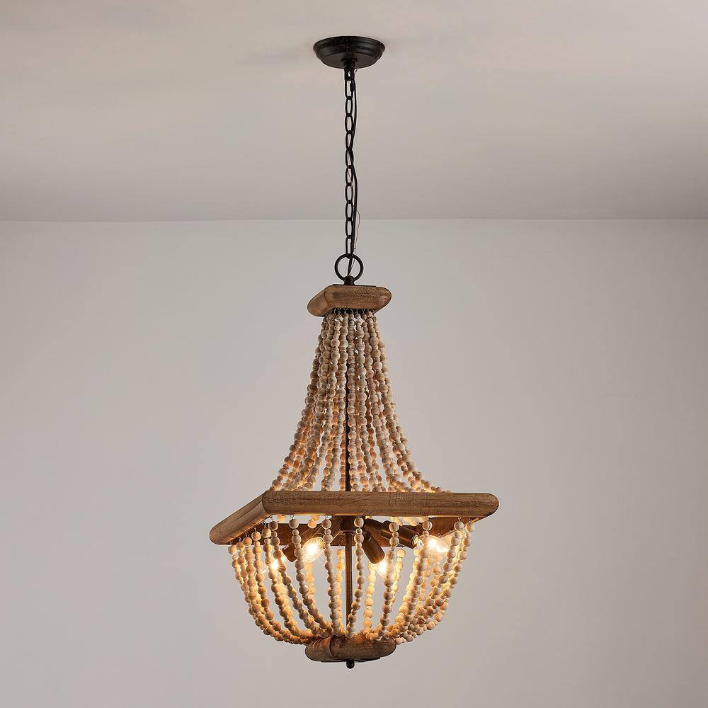 Parrot Uncle Regas 4-Light Farmhouse Weathered Wood Bead Candle Style Chandelier