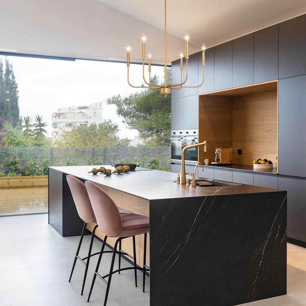 Uolfin Modern Dark Gold Linear Chandelier, 6-Light Candlestick Pendant Light