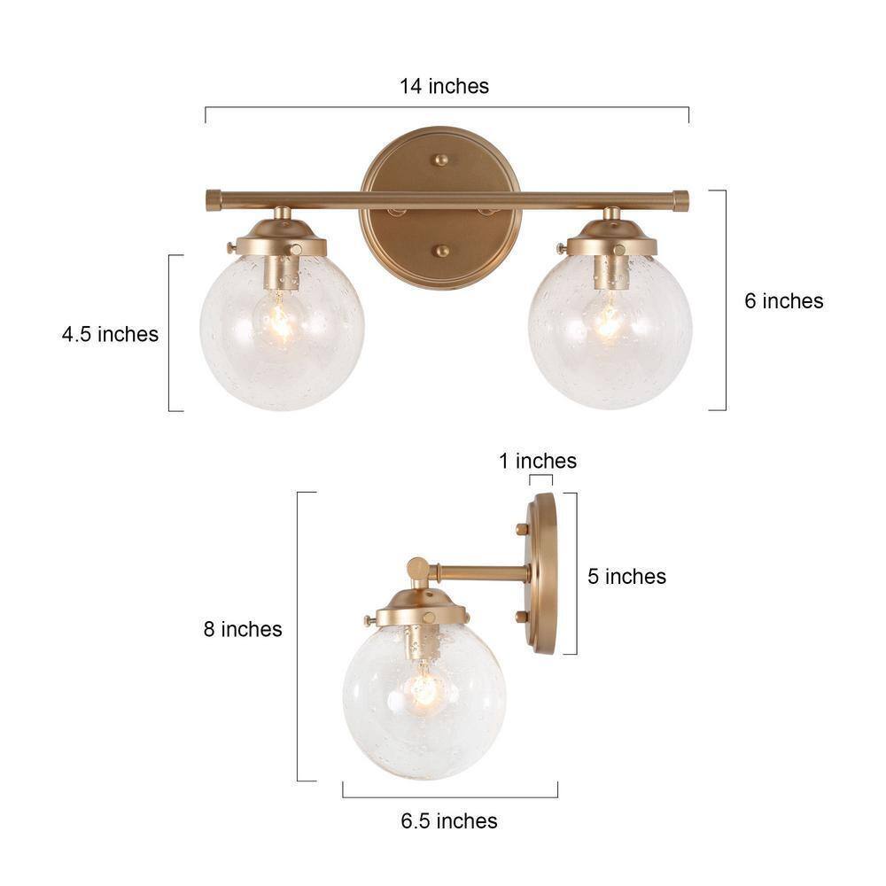 Uolfin Modern Globe Bathroom Vanity Light 2-Light Gold Round Bedroom Wall Sconce