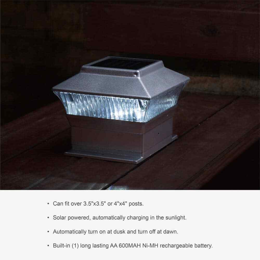 Glitzhome 5.75 in. L Solar Silver Powered LED Fence Deck Post Cap Light 4 pk