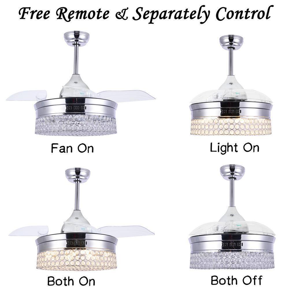 Bella Depot 36 in. LED Indoor Chrome Retractable Crystal Ceiling Fan