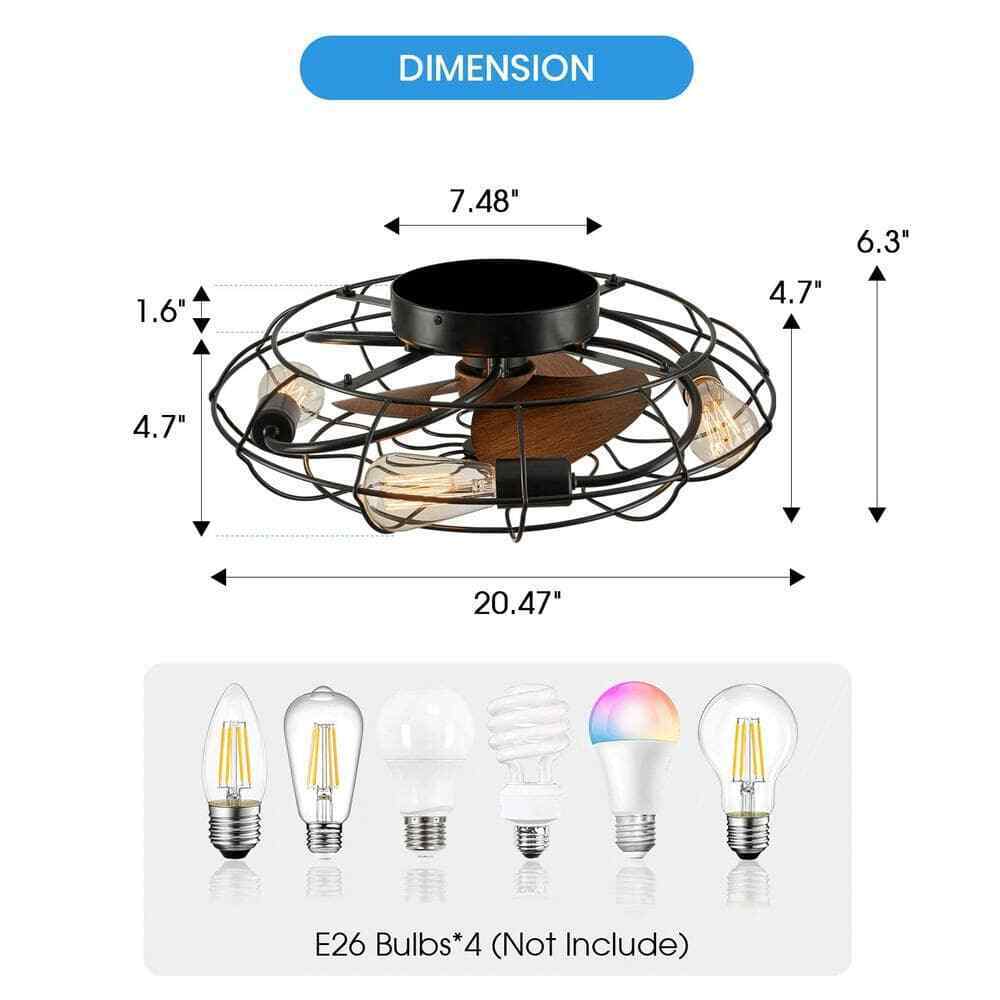 ANTOINE 20 in. 4-Light Indoor Black Wood Grain Industrial Metal Cage Ceiling Fan