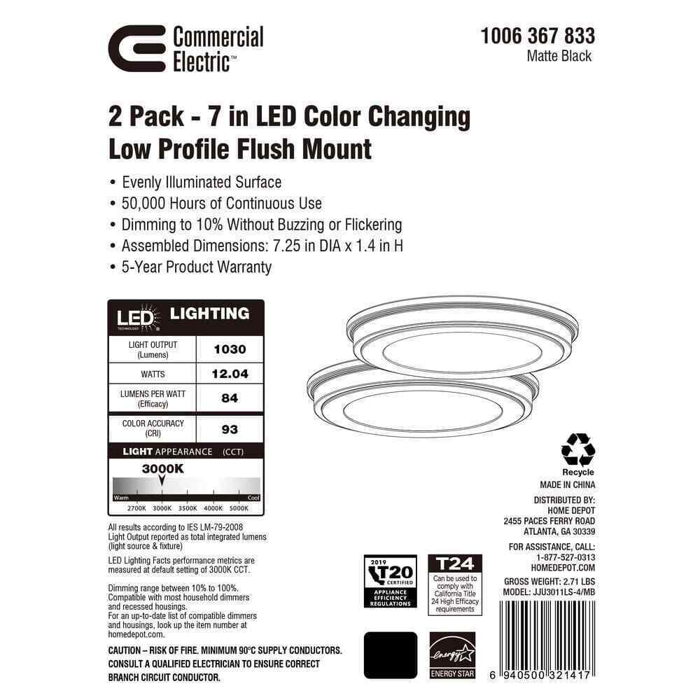 Commercial Electric 7 in. Matte Black 3-CCT LED Round Flush Ceiling Light 2-Pack