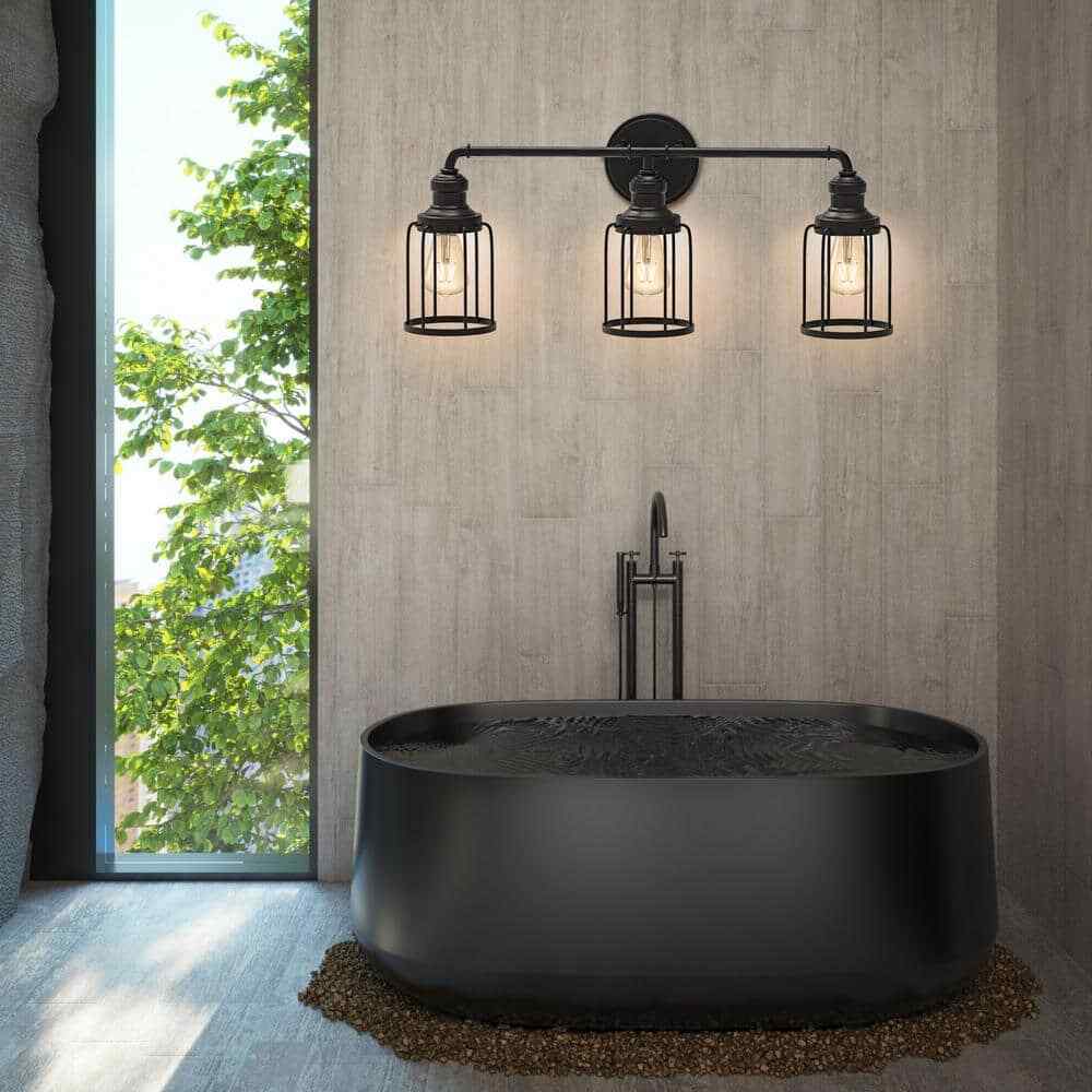 Cedar Hill 24 in. 3-Light Black Industrial Vanity with Metal Cage Wall Sconce