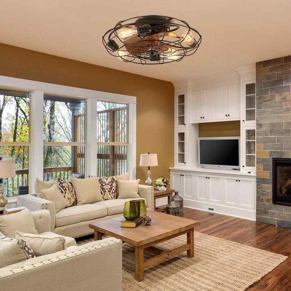 ANTOINE 20 in. 4-Light Indoor Black Wood Grain Industrial Metal Cage Ceiling Fan