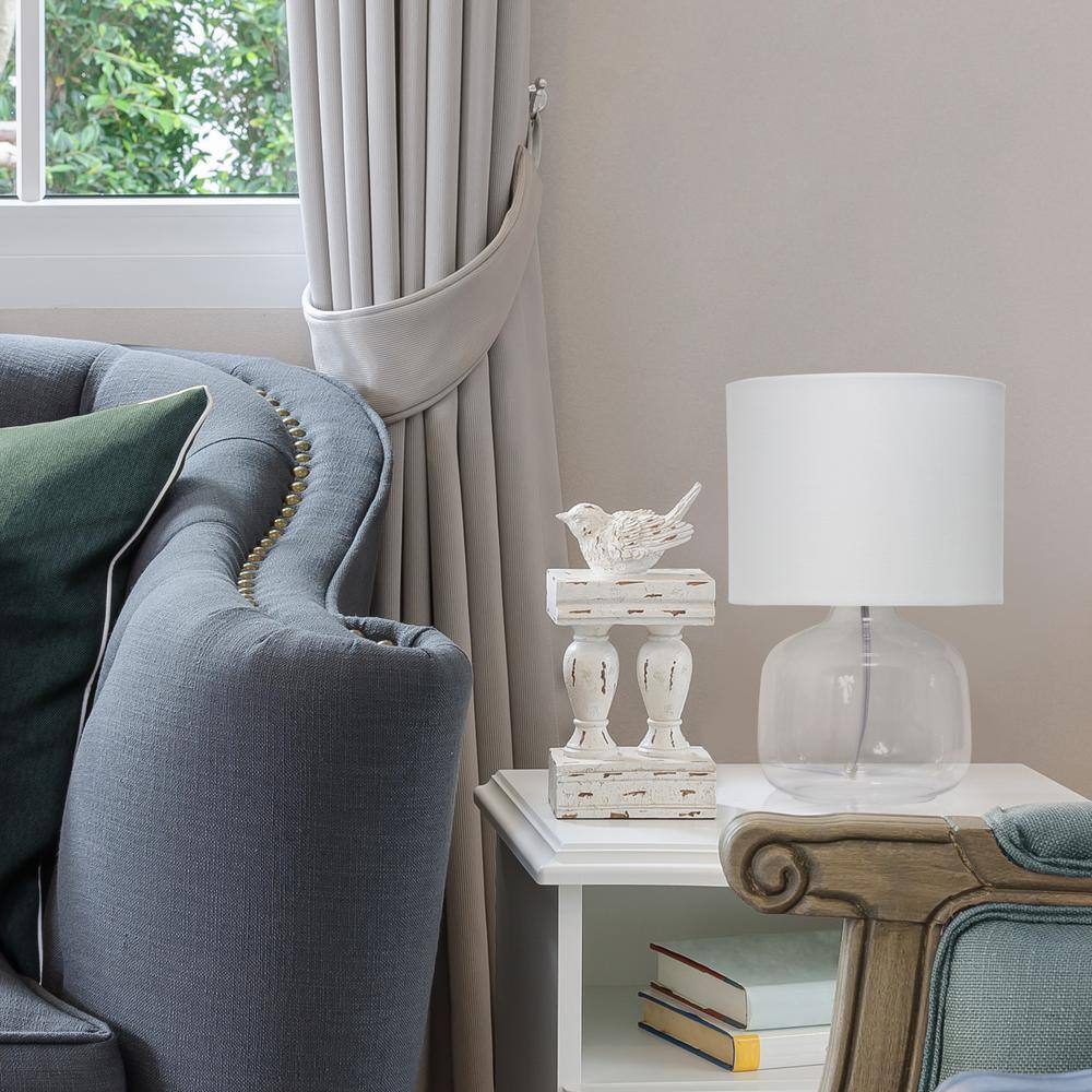Simple Designs 13.75 in. Clear Glass Table Lamp with White Fabric Shade