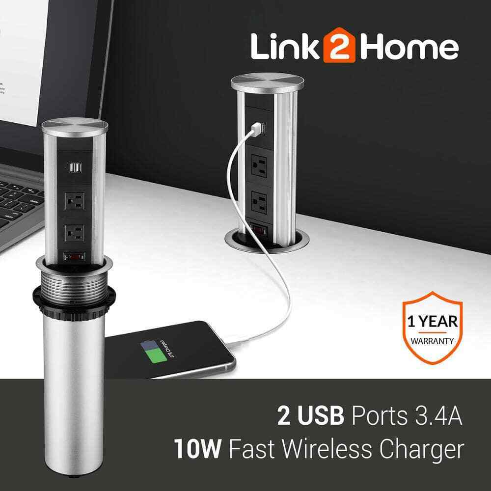 Link2Home 2-Outlets Automatic Pop Up Wireless Charger 2 USB 3.4A LED Light