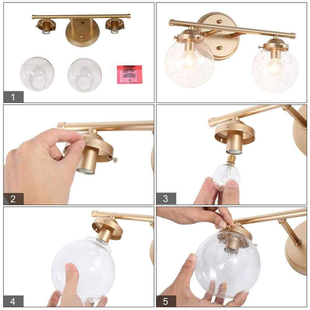 Uolfin Modern Globe Bathroom Vanity Light 2-Light Gold Round Bedroom Wall Sconce
