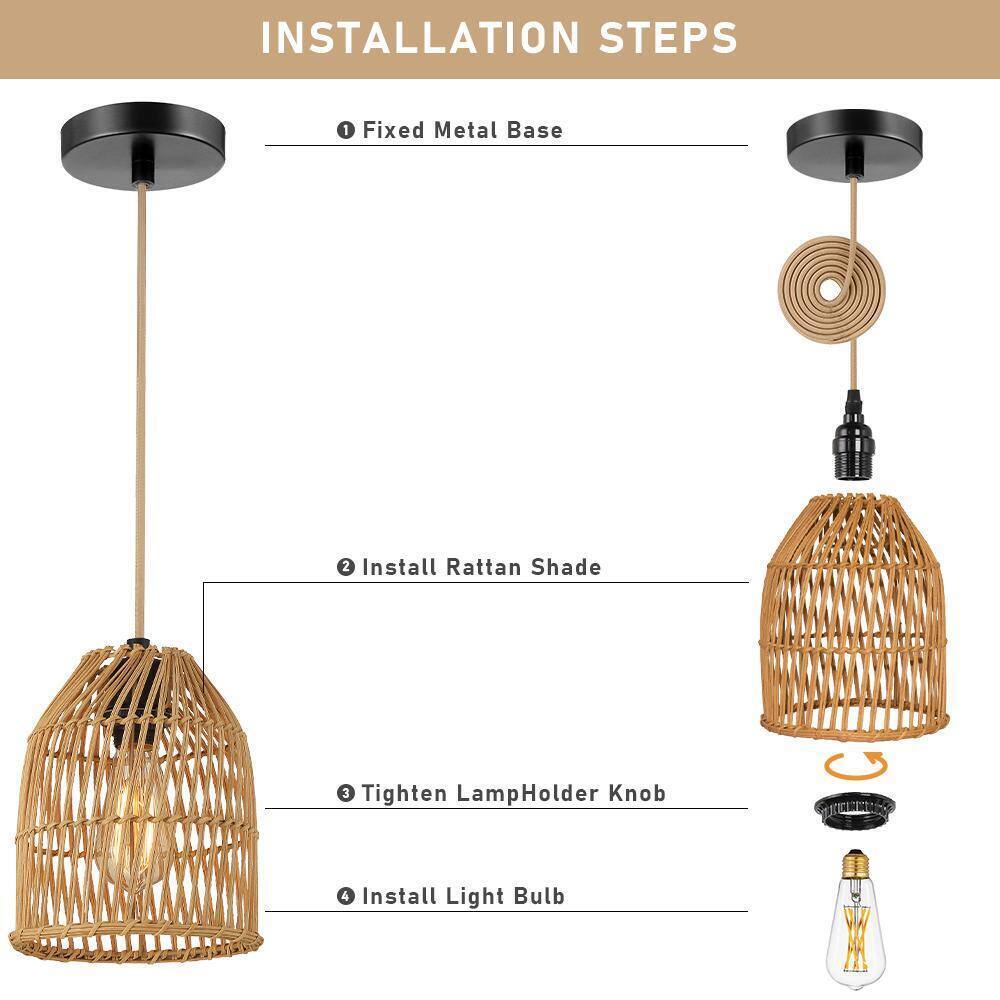 Cinkeda 1-Light Brown Bowl Pendant Light with Natural Rattan Shape DD-79