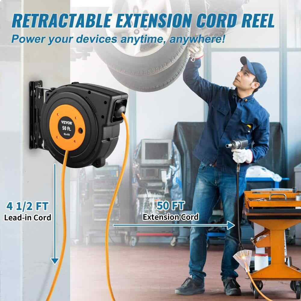 VEVOR 50 ft. 13 Amp Extension Cord Reel w/ Lighted Triple Outlet Circuit Breaker