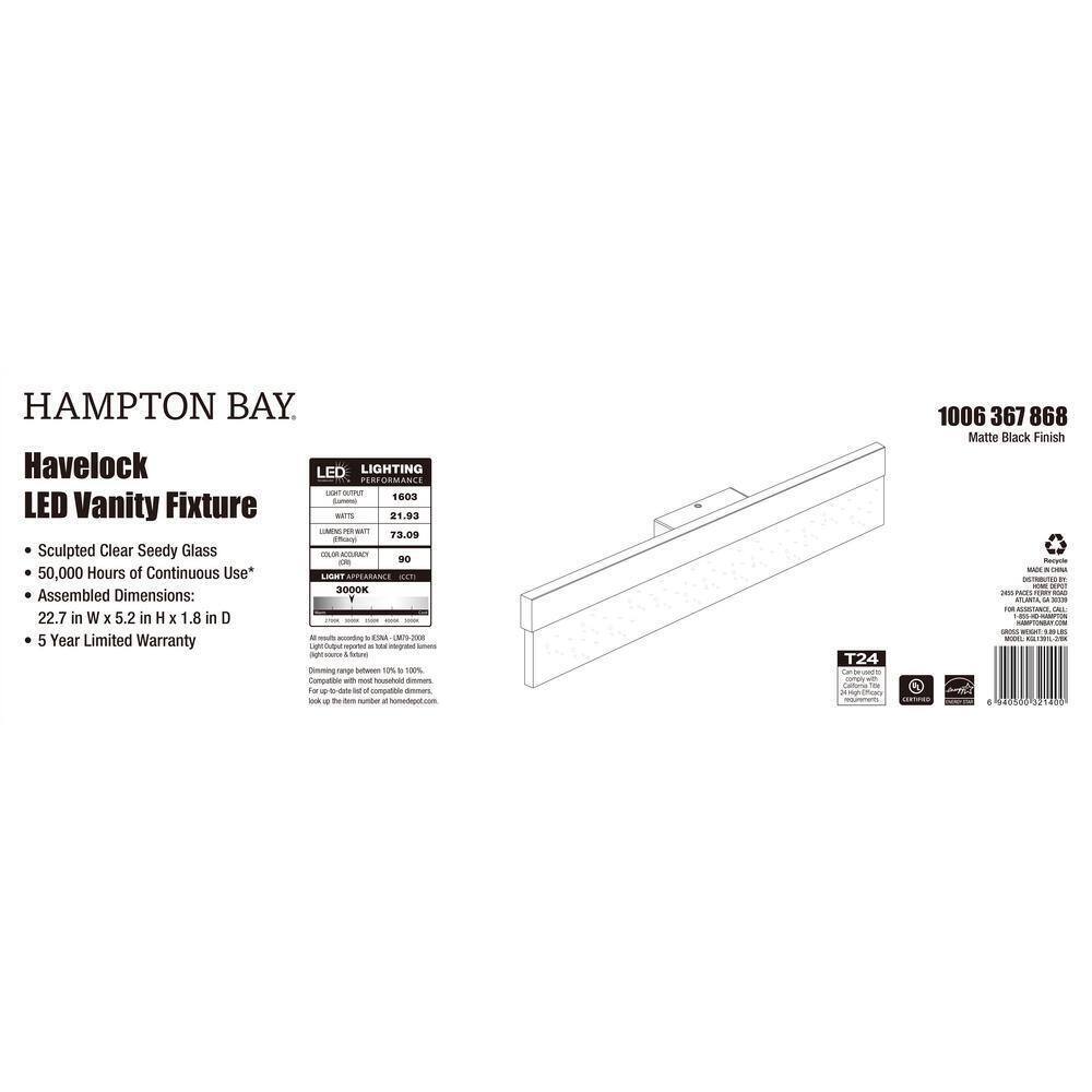 Hampton Bay Havelock 22.7 in. Black Integrated LED Bathroom Vanity Light Bar