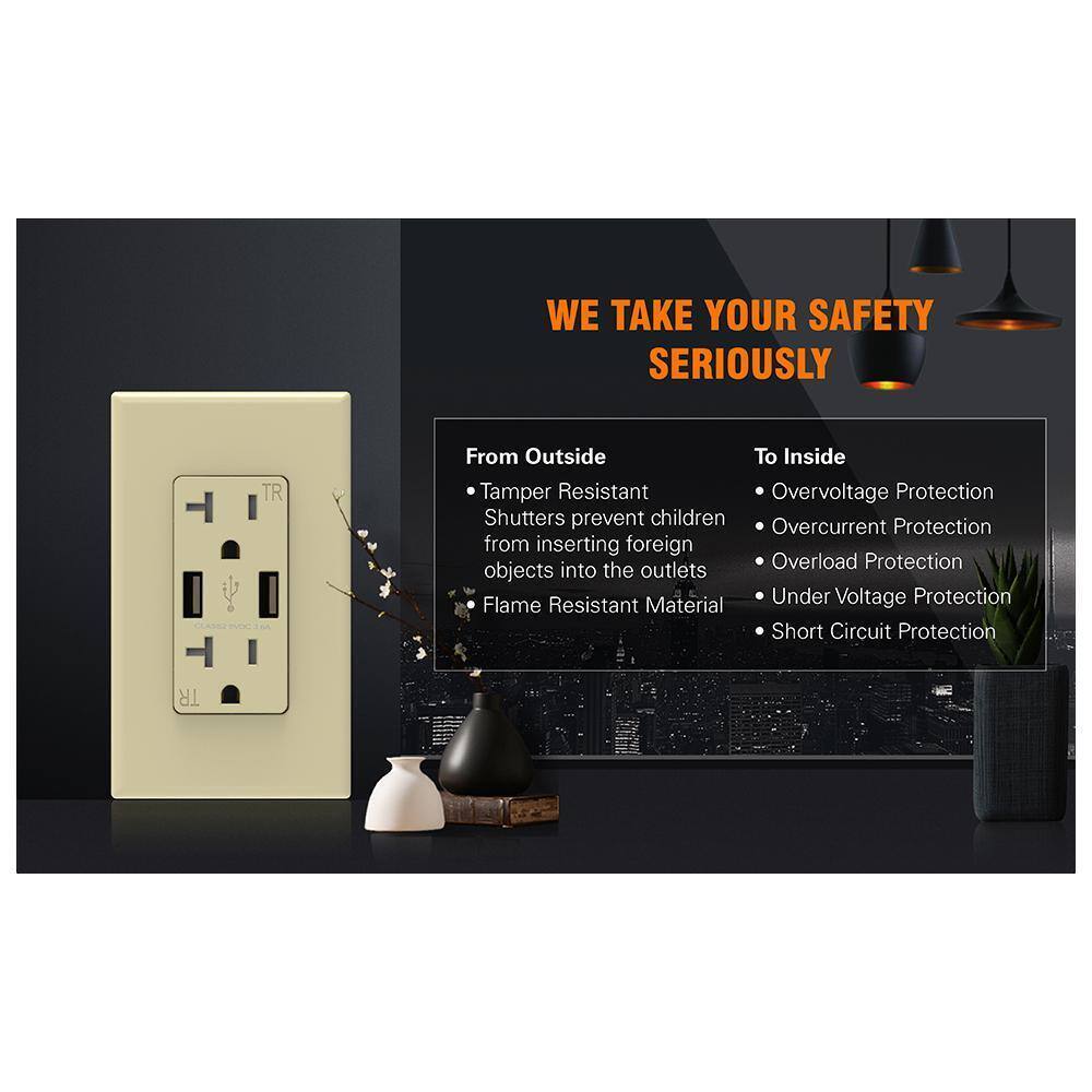 ELEGRP 3.6 Amp USB Dual Type A In-Wall Charger w/ 20 Amp Duplex Ivory 2-Pack