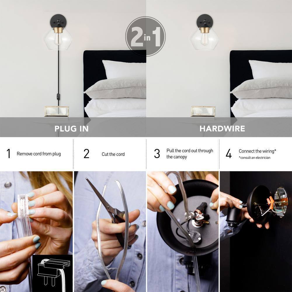 Globe Electric Matte Black and Gold Plug-In or Hardwire Wall Sconce w/ 6 ft Cord
