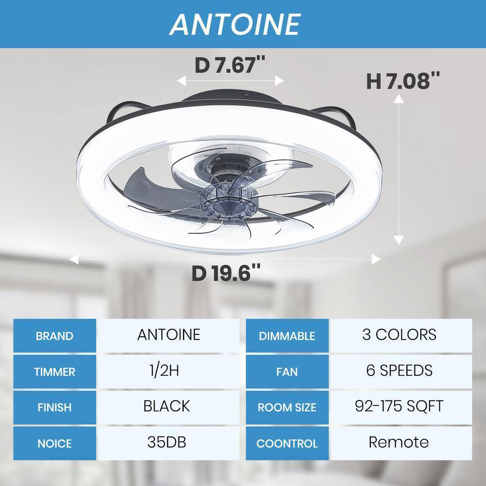 ANTOINE 20 in. Indoor Black Ceiling Fan w/ LED Dimmable Light Low Profile Flush