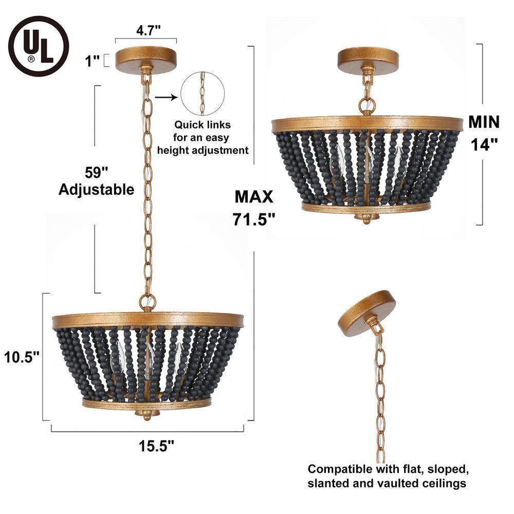 Uolfin Modern Drum Dining Room 3-Light Antique Gold Round Chandelier