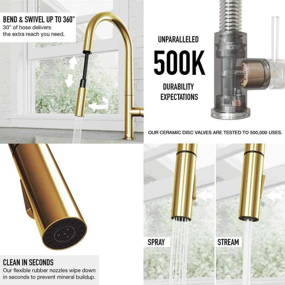 VIGO Greenwich Pull-Down Sprayer Kitchen Faucet w/ Soap Dispenser Brushed Gold