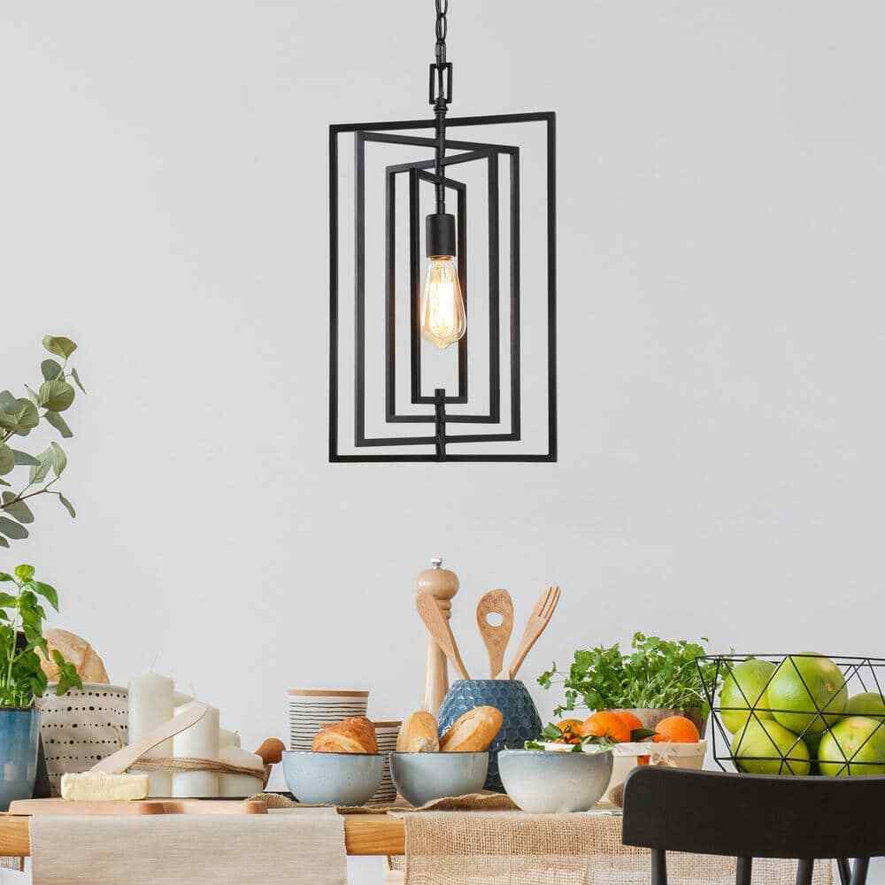 Uolfin 1-Light Black Geometric Light Fixture for Kitchen Island with Swing Frame