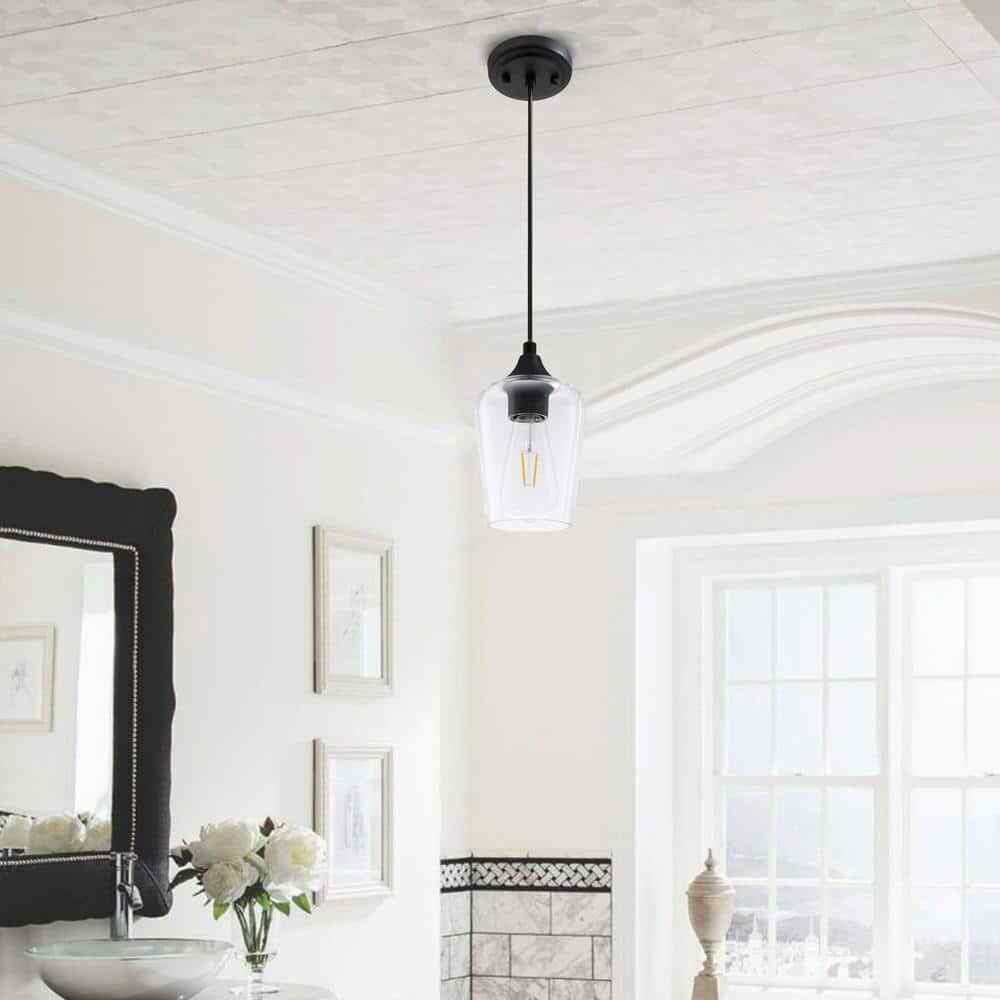 Merra 5 in. W x 6 in. H 1-Light Matt Black Pendant with Clear Glass Shade