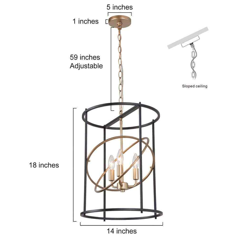 LNC Gold/Black Drum Candlestick 3-Light Transitional Cylinder Cage Pendant Light