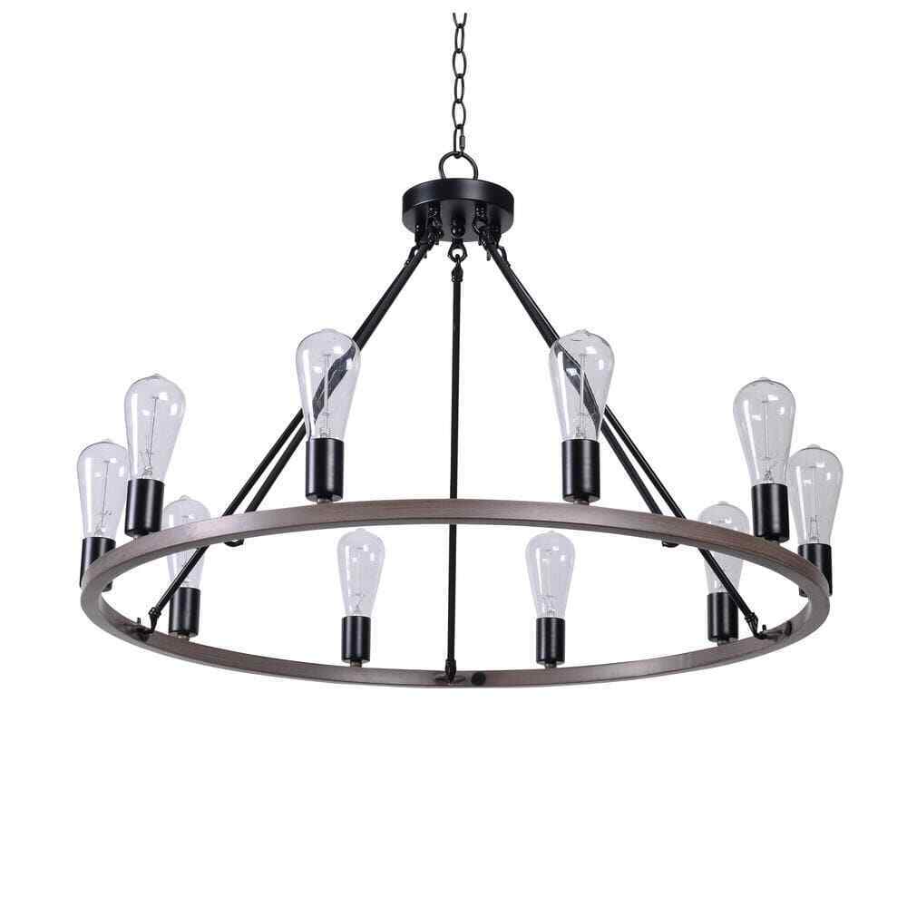 Hampton Bay Stratton 10-Light Black and Woodgrain Wagon Wheel Chandelier