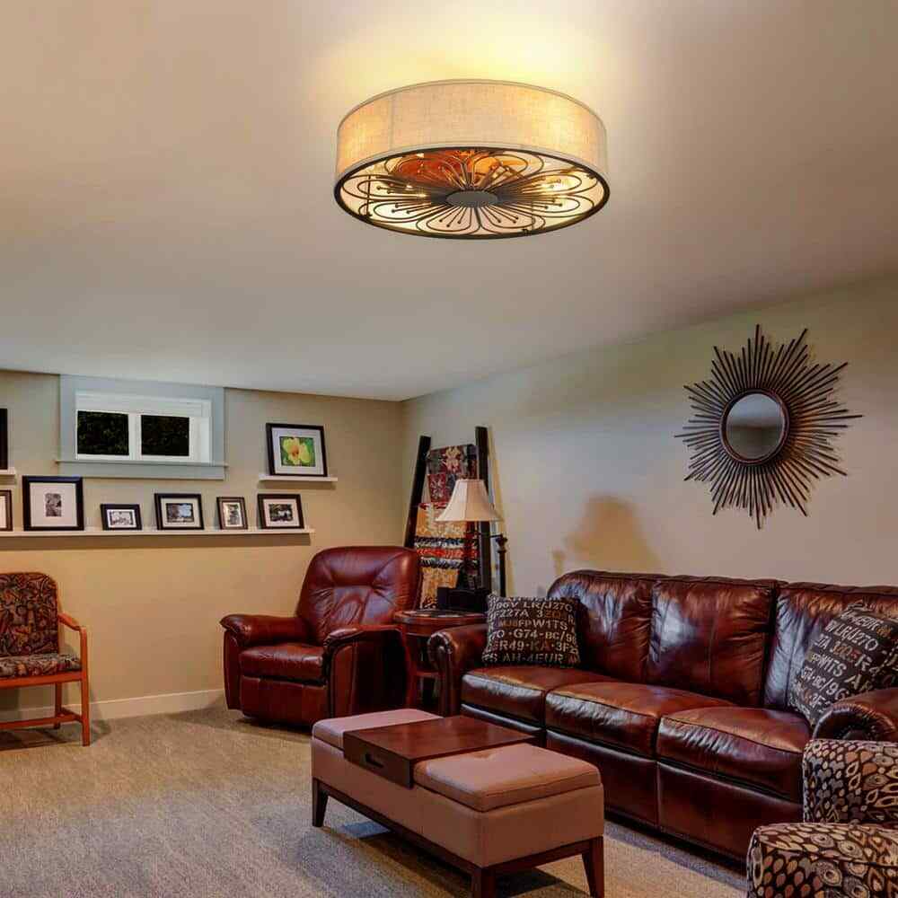 TOZING Indoor Bronze Fabric Farmhouse Flush Ceiling Fan w/ Light Kit and Remote
