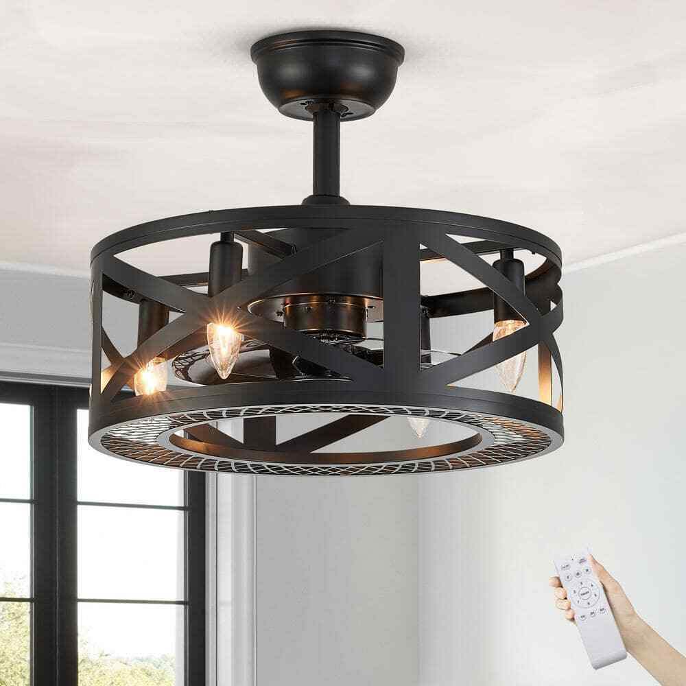 ANTOINE 17 in. Black Ceiling Fan Farmhouse Caged Ceiling Fan w/ Lights + Remote