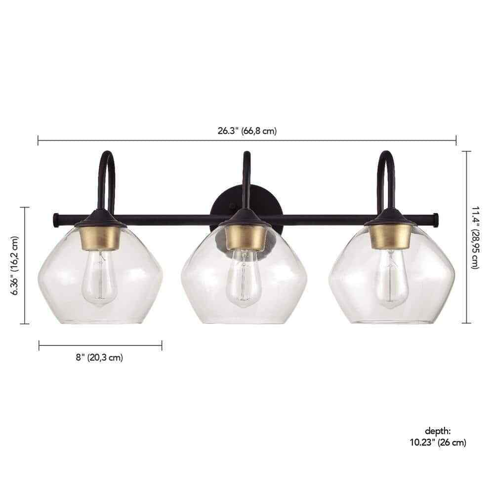 Globe Harrow 26.3 in. 3-Light Dark Bronze Vanity w/Brass Accents and Clear Glass